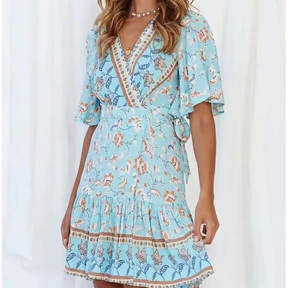 NEW! Pretty Baby Blue Floral Bohemian Print Wrap Around Mini Dress Ruffled - Picture 2 of 5